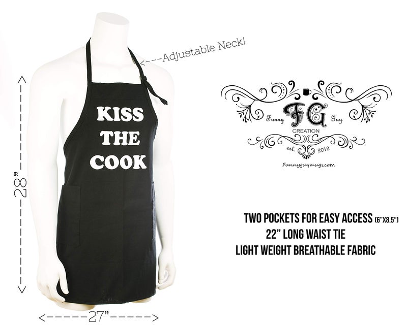 Funny Guy Mugs Kiss The Cook Adjustable Apron with Pockets - Funny Apron For Men & Women - Perfect for Kitchen BBQ Grilling Barbecue Cooking Baking - Image 2
